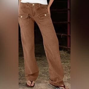 Flamingals Solid Flap Pocket Mid Rise Straight Leg Jeans Brown Size Large NWT